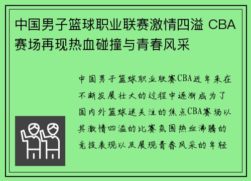 中国男子篮球职业联赛激情四溢 CBA赛场再现热血碰撞与青春风采